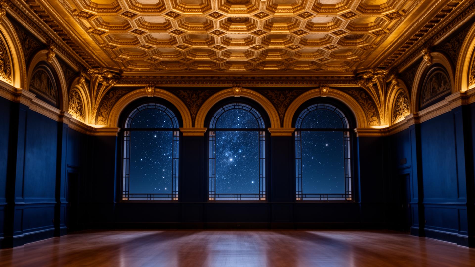 A grand ballroom with coffered gold ceiling and starlit arched windows