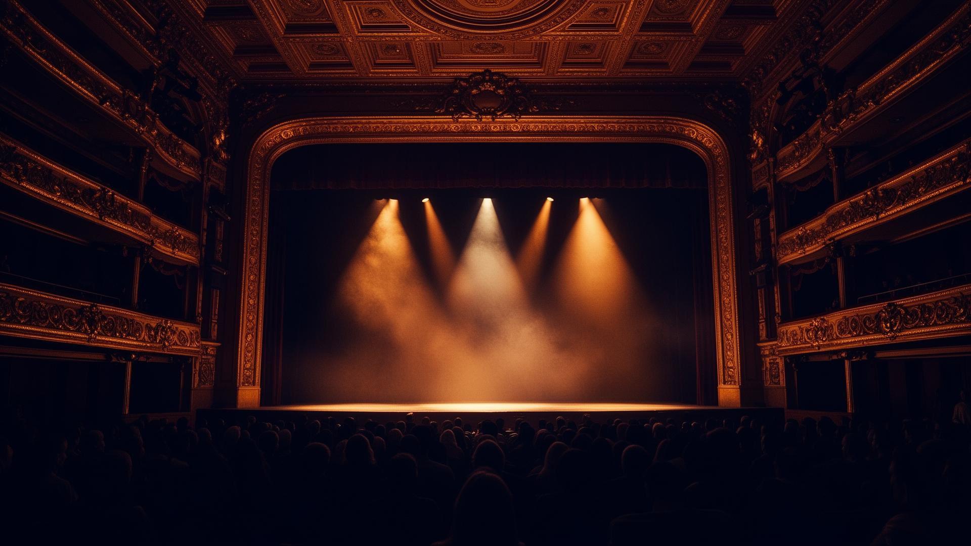 A grand opera house stage lit by warm amber spotlights